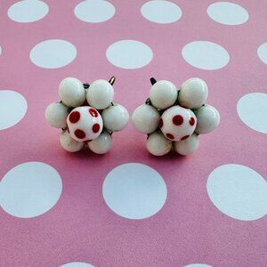 Vintage Hobe Glass Earrings Red White Polka Dot Flower Earrings 1950s Jewelry